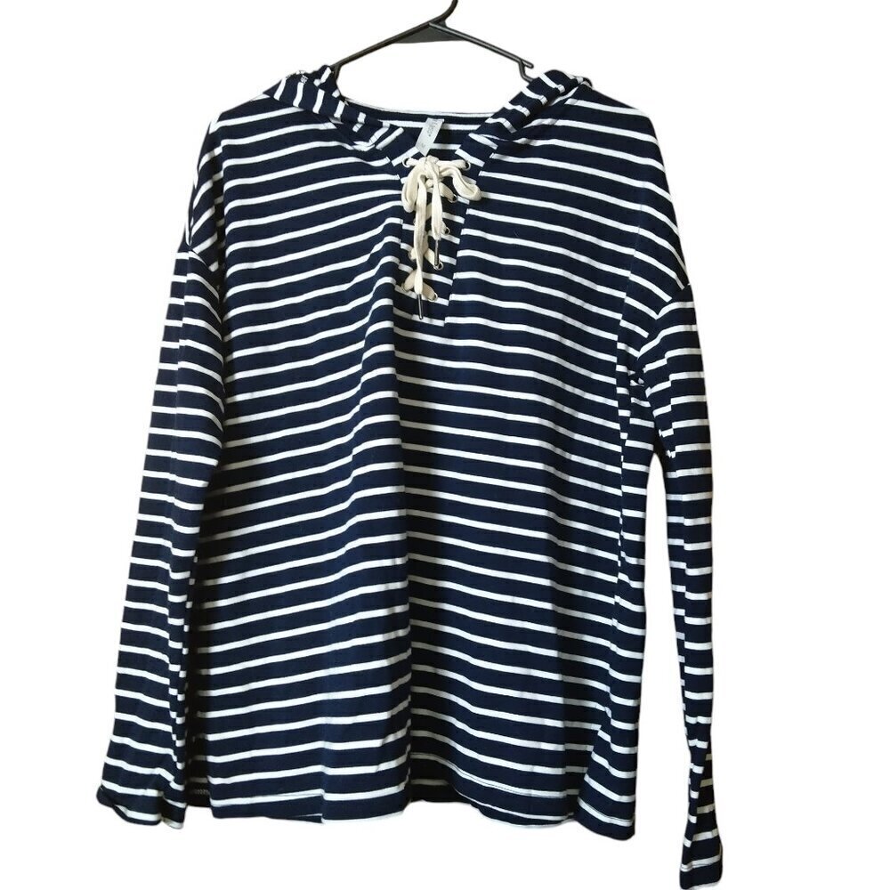 Mia & Tess Size Medium Blue and White Striped Pullover Hoodie Coastal Nautical